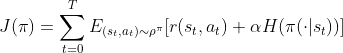 J(\pi)=\sum_{t=0}^{T} E_{(s_t,a_t)\sim \rho^\pi} [r(s_t,a_t) + \alpha H(\pi(\cdot | s_t))]