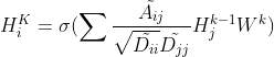 H^K_i=\sigma(\sum \frac{\tilde{A_{ij}}}{\sqrt{\tilde{D_{ii}}}\tilde{D_{jj}} }H_j^{k-1}W^k)