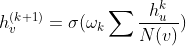 h^{(k+1)}_v=\sigma(\omega _k\sum \frac{h^k _u}{N(v)})