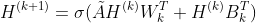 H^{(k+1)}=\sigma(\tilde{A}H^{(k)}W_k^T+H^{(k)}B_k^T)