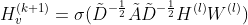 H^{(k+1)}_v=\sigma(\tilde{D}^{-\frac{1}{2}}\tilde{A}\tilde{D}^{-\frac{1}{2}}H^{(l)}W^{(l)})